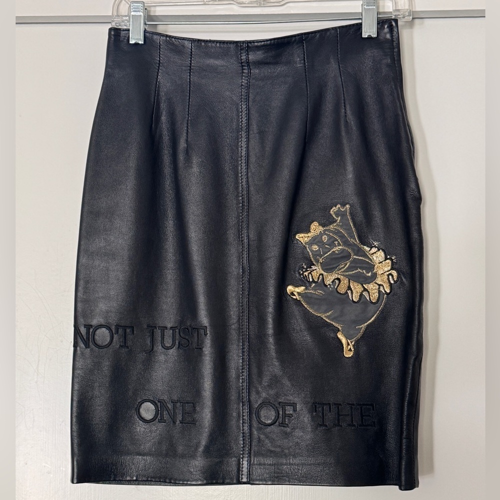 Iceberg Vintage 90s Black Leather Pencil Skirt w/ Embroidery IT 42 / US 6